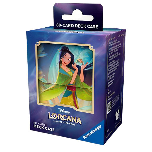 Two Disney Lorcana: Fabled Deck Boxes by Ravensburger are shown—one with Mulan holding a fan, the other featuring Mickey Mouse and Goofy. Both purple boxes display the Ravensburger logo at the bottom.