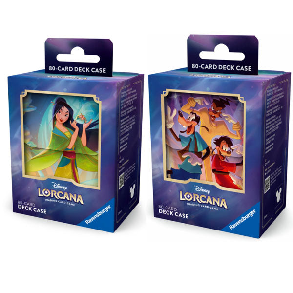 Two Disney Lorcana: Fabled Deck Boxes by Ravensburger are shown—one with Mulan holding a fan, the other featuring Mickey Mouse and Goofy. Both purple boxes display the Ravensburger logo at the bottom.
