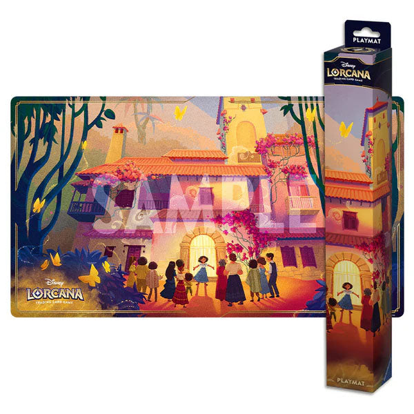 The Ravensburger Disney Lorcana: Shimmering Skies Playmat shows a vibrant group before a floral house with yellow butterflies and trees. Both the playmat and box are displayed—ideal for your Lorcana spillekort!.
