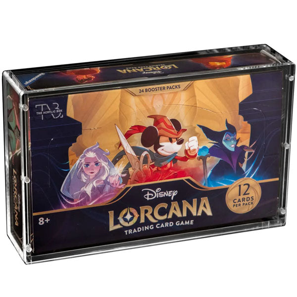 A rectangular black box labeled “The Acrylic Box: Disney Lorcana Booster Box Akryl Case” by Ravensburger, featuring a transparent acrylic case display image and geometric colored lines on the packaging—perfect for showcasing your Disney Lorcana booster box in style.