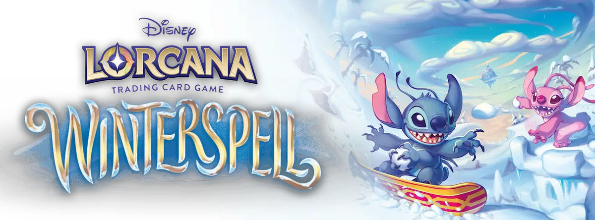 Disney Lorcana Trading Card Game Winterspell logo with Stitch and Angel characters from Lilo & Stitch snowboarding and playing in an icy, snowy landscape with mountains and snow creatures in the background.