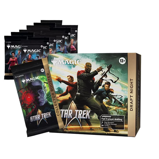 The Wizards of the Coast Magic: The Gathering - Star Trek Draft Night box showcases three iconic characters in Starfleet uniforms, each wielding phasers and surrounded by energetic trails set against a dramatic space-themed background. Recommended for ages 13 and up.