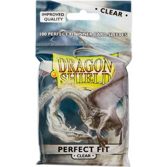 A sealed pack of Dragon Shield: Perfect Fit - Clear (100 stk.) inner sleeves by Dragon Shield, ideal for double sleeving. The packaging shows a white dragon and notes “100 perfect fit inner card sleeves” and “improved quality.”.