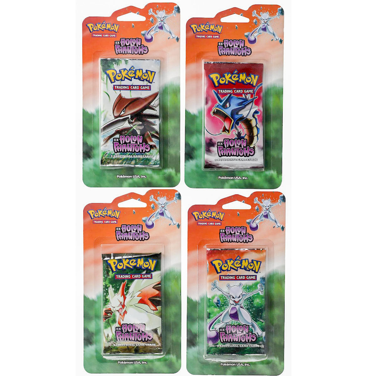 Four Pokémon Trading Card Game booster packs from the EX Holon Phantoms series by The Pokémon Company, each in blister packaging featuring different Pokémon artwork on the front.