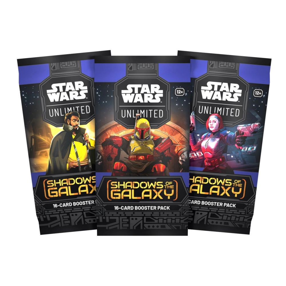 Three Star Wars: Shadows of the Galaxy booster packs featuring characters against dark, illustrated backgrounds.