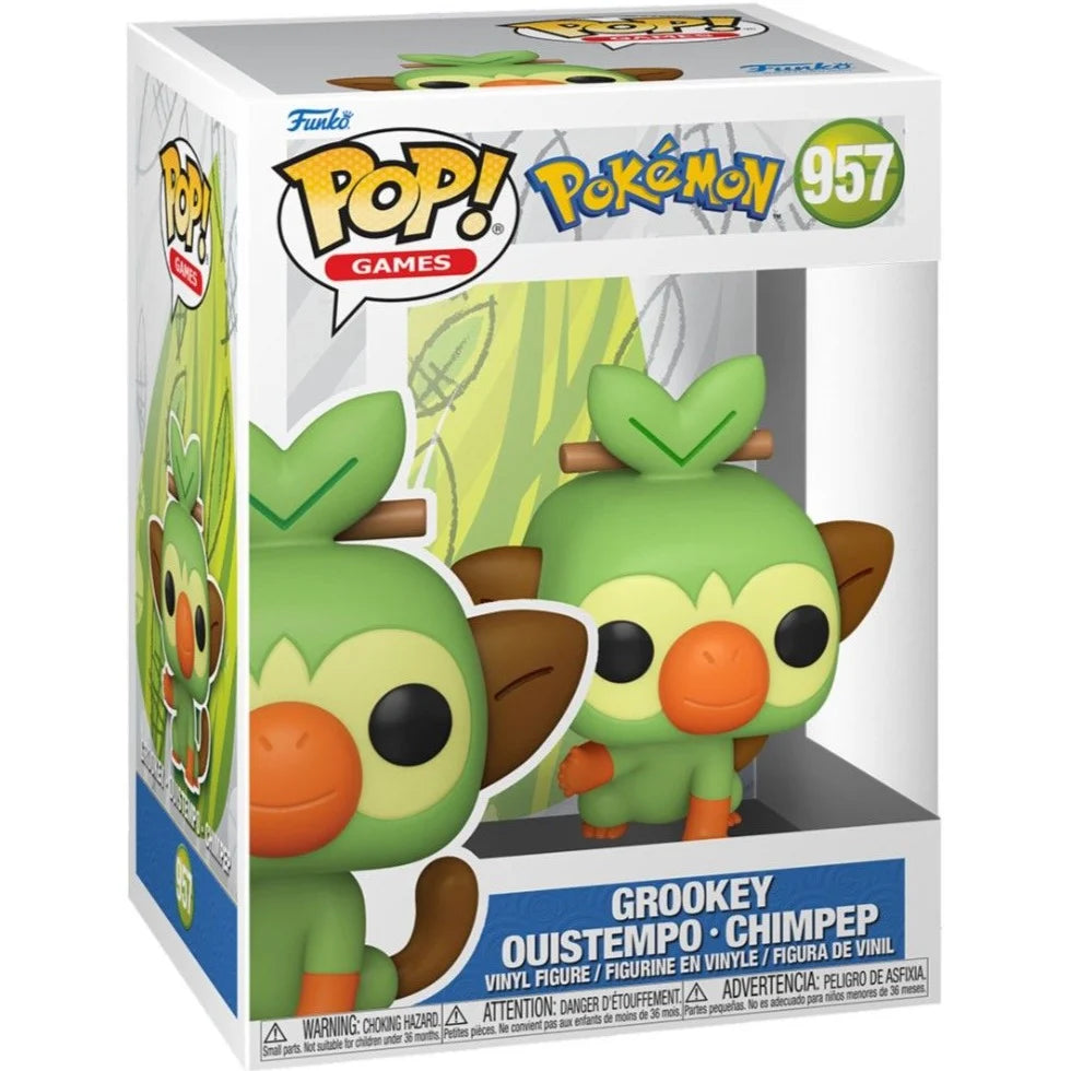 Funko POP! Pokemon: Grookey (#957) by Funko is a vinyl toy figure featuring the green, monkey-like Pokémon Grookey with big round eyes, an orange nose and mouth, brown ears and tail, and a green leaf with a stick on its head, displayed against a white background.