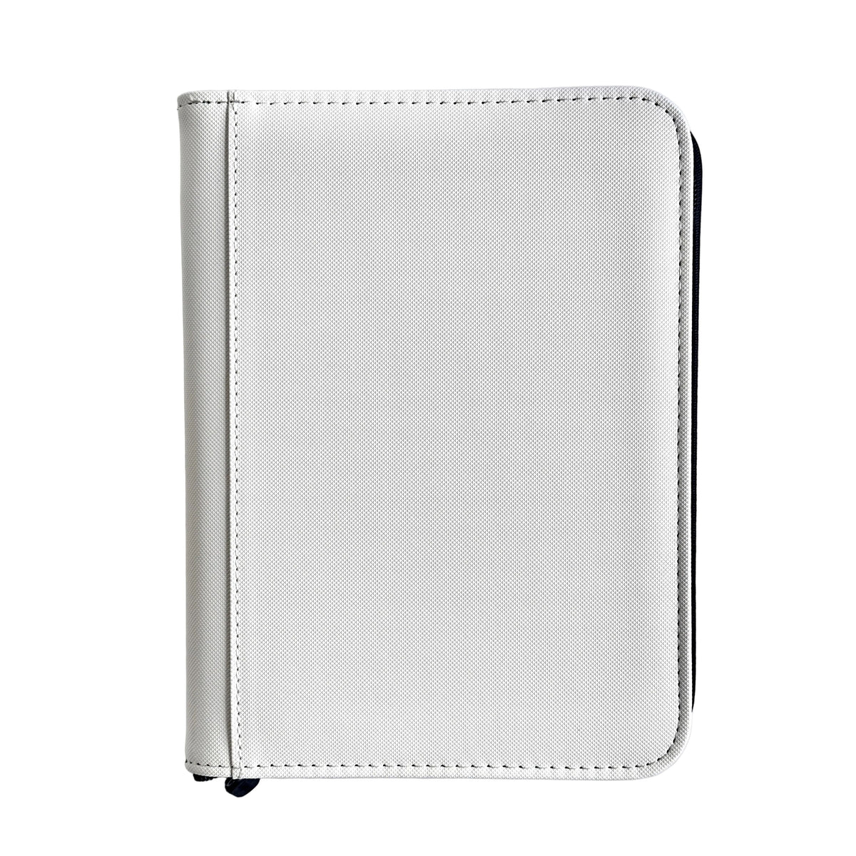 A closed, white textured TCGpicks: Samlekortmappe [240 pockets 2X2] from Ml Trading with black edging is displayed upright against a plain white background, perfect for stylish samlekort opbevaring.