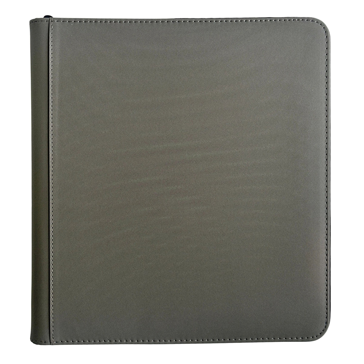 A closed, gray, square TCGpicks: Samlekortmappe [480 pockets 4X3] by Ml Trading, crafted from faux leather with visible edge stitching and designed for trading cards with 480 lommer, photographed against a white background.