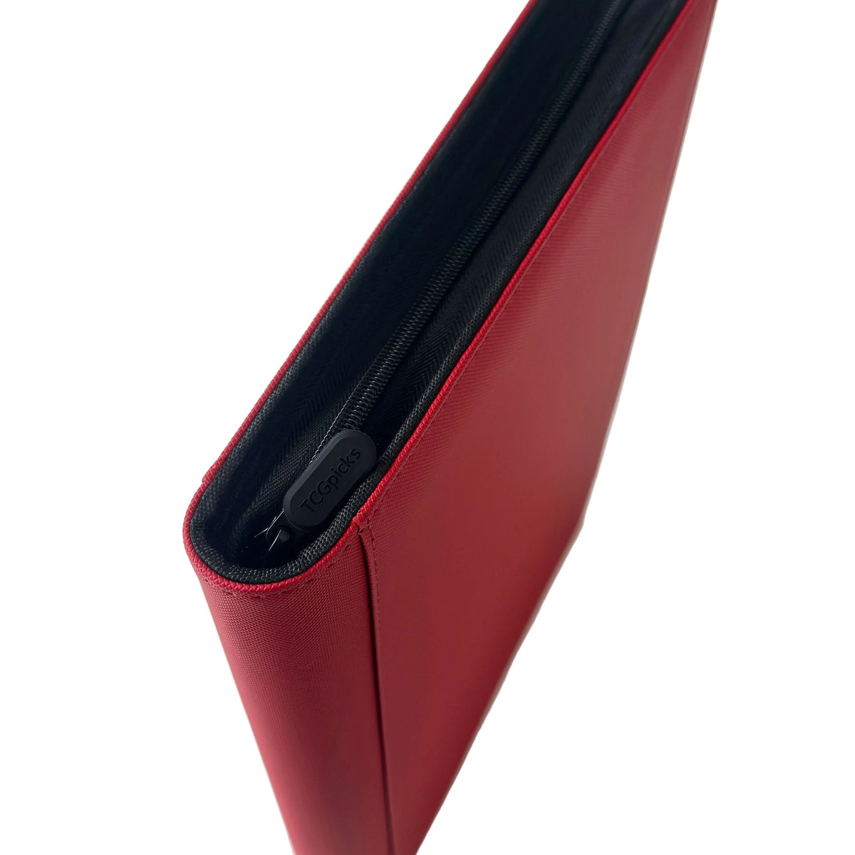 A close-up of a red zippered binder or portfolio case, shown from an angled top view, with the zipper partially open and the brand name Ml Trading visible on the zipper pull. Perfect as a TCGpicks: Samlekortmappe [360 pockets 3X3] for organizing trading cards, this case combines style and functionality for collectors.