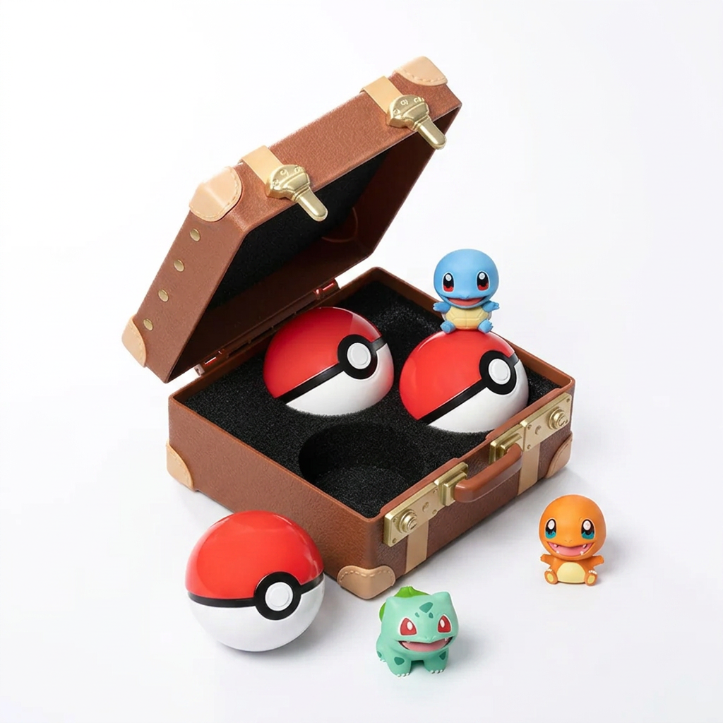 A brown box with a handle featuring a cartoon orange dinosaur character, Poké Balls, and Chinese text, as well as small character icons along the sides—this Funism Pokemon 30th Anniversary First Partners Series Figure Blind Box by The Pokémon Company is the perfect collectible for fans and collectors alike.