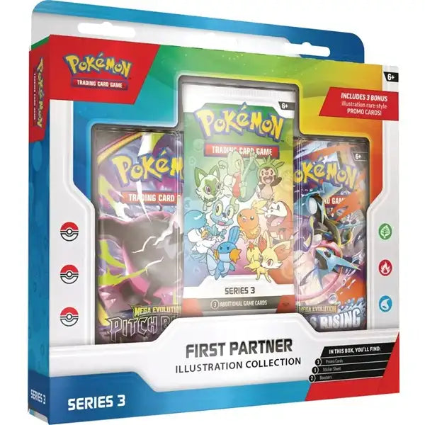 The Pokémon TCG: First Partner Illustration Collection - Series 3 by The Pokémon Company features three trading card packs and three bonus promo cards, all packaged with artwork showcasing various Pokémon.