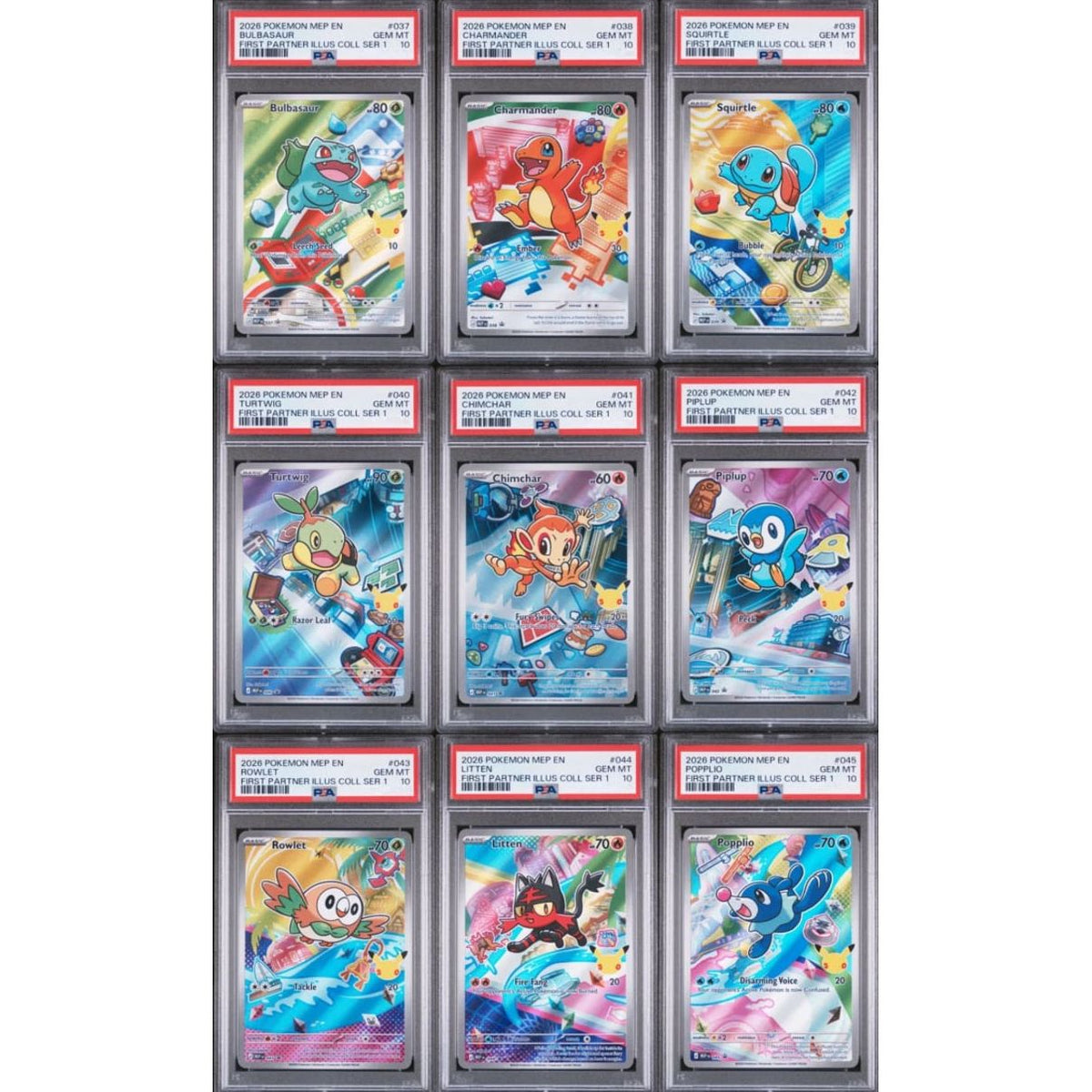 A grid of nine PSA 10-graded cards from The Pokémon Company’s 2020 TCG: First Partner Illustration Rare Collection Complete Set, each with a unique starter Pokémon and festive design, displayed in protective cases.
