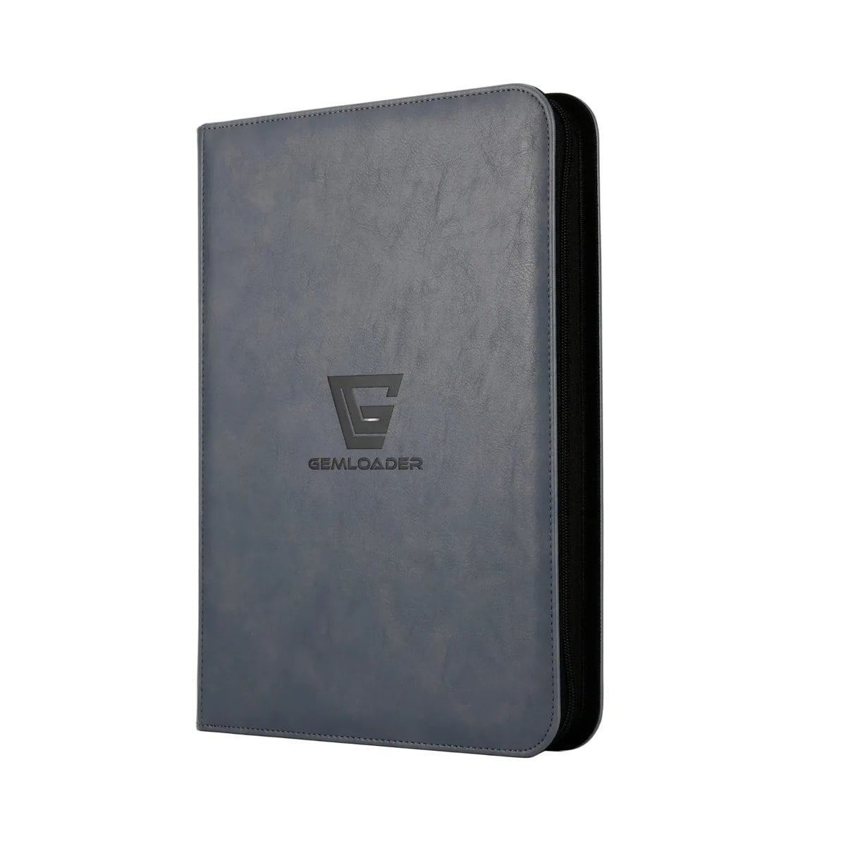A black, zippered Gemloader: Premium Samlekortmappe [360 pockets 3X3] stands upright against a white background, featuring an embossed G and Gemloader logo—ideal for safe opbevaring samlekort.