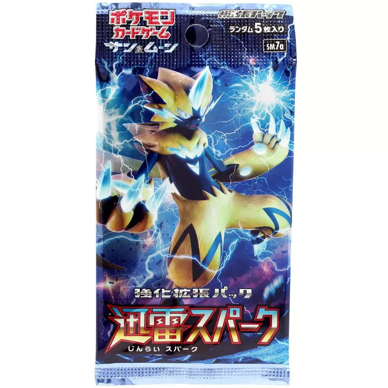 Pokémon TCG: Thunderclap Spark Booster Box - Japansk (Sun & Moon: SM7a) featuring Zeraora against a blue lightning background.