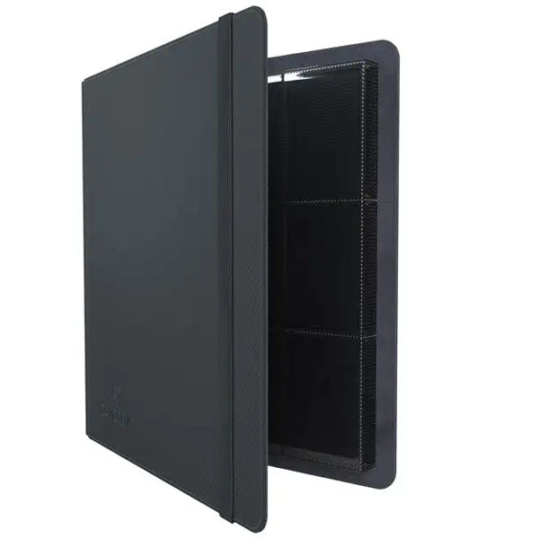 A black foldable solar panel charger is partially open, showing its solar cells. Its exterior has a textured surface and a slim, compact design—reminiscent of the Gamegenic Prime Album 24-Pocket by Gamegenic.