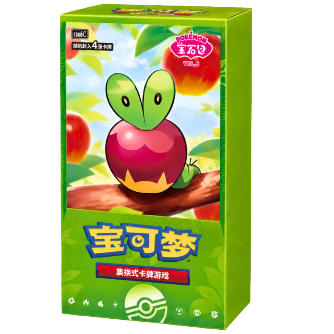 A green Pokémon TCG: Gem Pack Vol. 6 Booster Box (Kinesisk) featuring an illustration of the Pokémon Applin on a tree branch, with Chinese text and game logos.