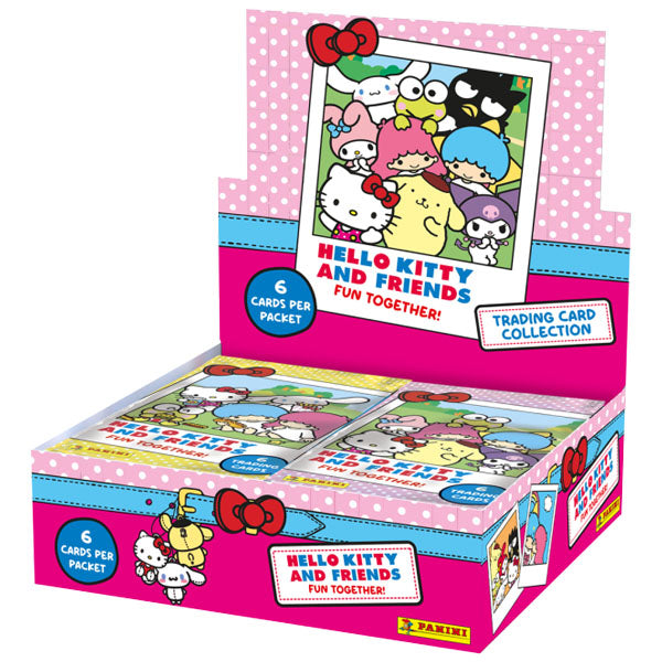 Display box of Panini: Hello Kitty & Friends Trading Card Collection: Fun Together Booster Display packs featuring a group illustration of Sanrio characters.
