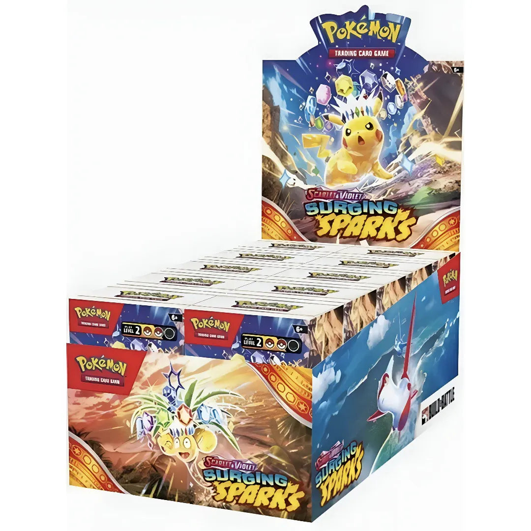 Display box of the Pokémon TCG: Surging Sparks Build & Battle Display by The Pokémon Company, featuring vibrant packaging with Pikachu and other Pokémon. Multiple booster packs are neatly arranged inside, making it an ideal addition to your Scarlet & Violet—Shining Sparks collection.