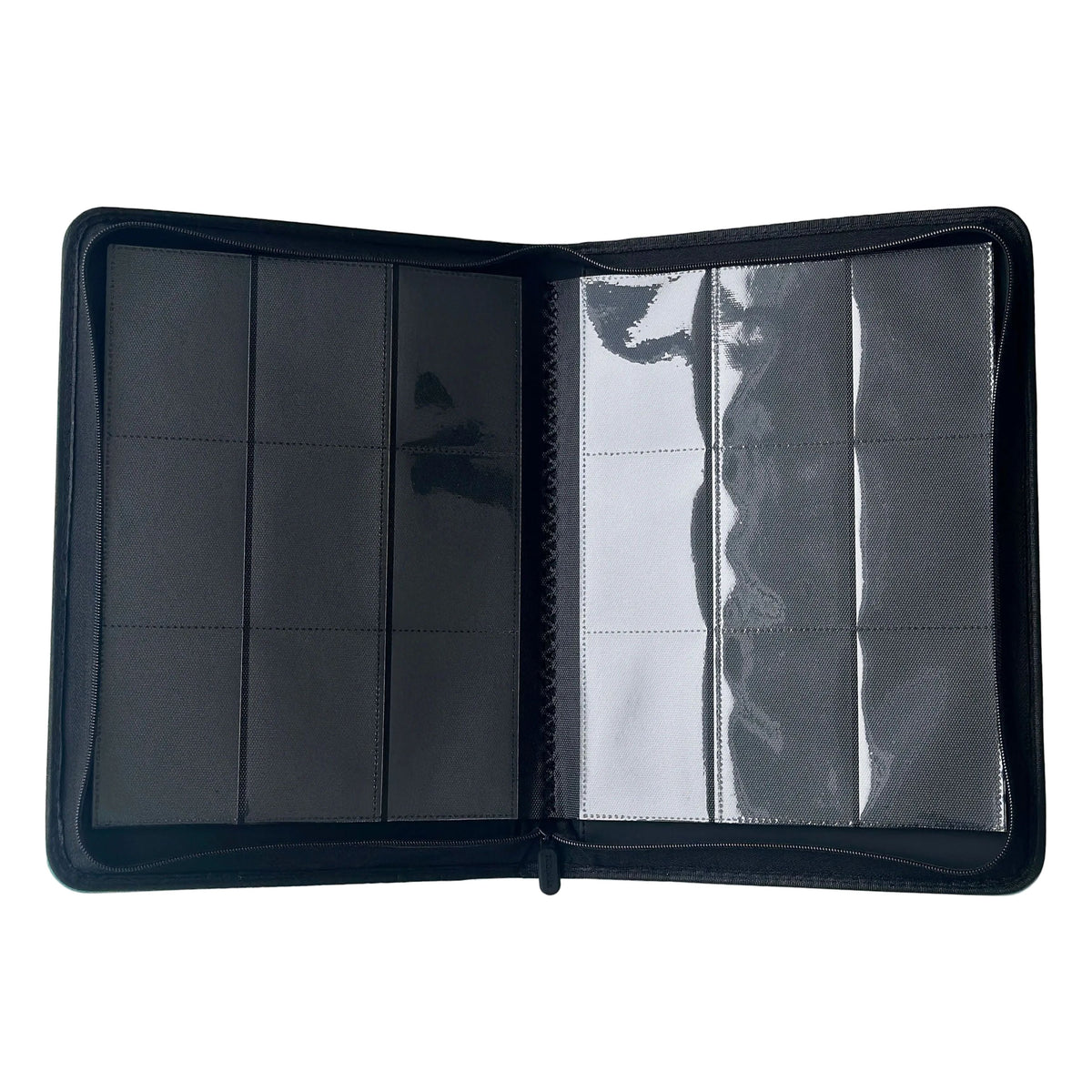 A closed black textured zippered case or binder, the Ml Trading TCGpicks: Samlekortmappe [360 pockets 3X3], designed for trading cards with 360 lommer, photographed against a white background.