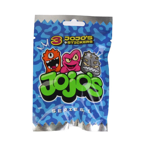 A blue foil pack labeled Series 1 from FirstGrade features three cartoon monster faces—orange, pink, and gray—above the Jojo’s logo, with a “3 Jojos Stickers” banner at the top. This First Grade: Jojo’s 3 Pack - Series 1 is a fun sampler product perfect for collectors.