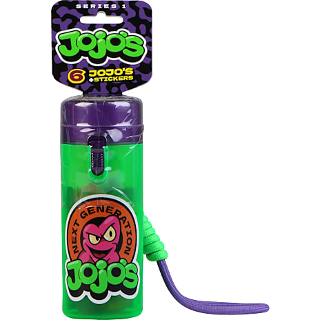 A green and purple tube labeled “First Grade: Jojo’s Tube - Series 1” by FirstGrade contains collectible items and stickers. The packaging features a cartoon character and text reading “Next Generation Jojos” and “6 Jojos + Stickers,” making it the perfect jojo opbevaring for fans seeking both fun and organization.