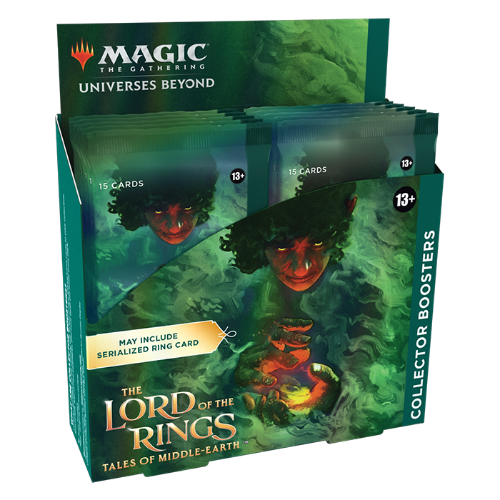 A Magic: The Gathering - The Lord of the Rings: Tales of Middle-Earth™ – Collector Booster Display containing twelve packs, featuring an illustration of Gollum holding a glowing ring.