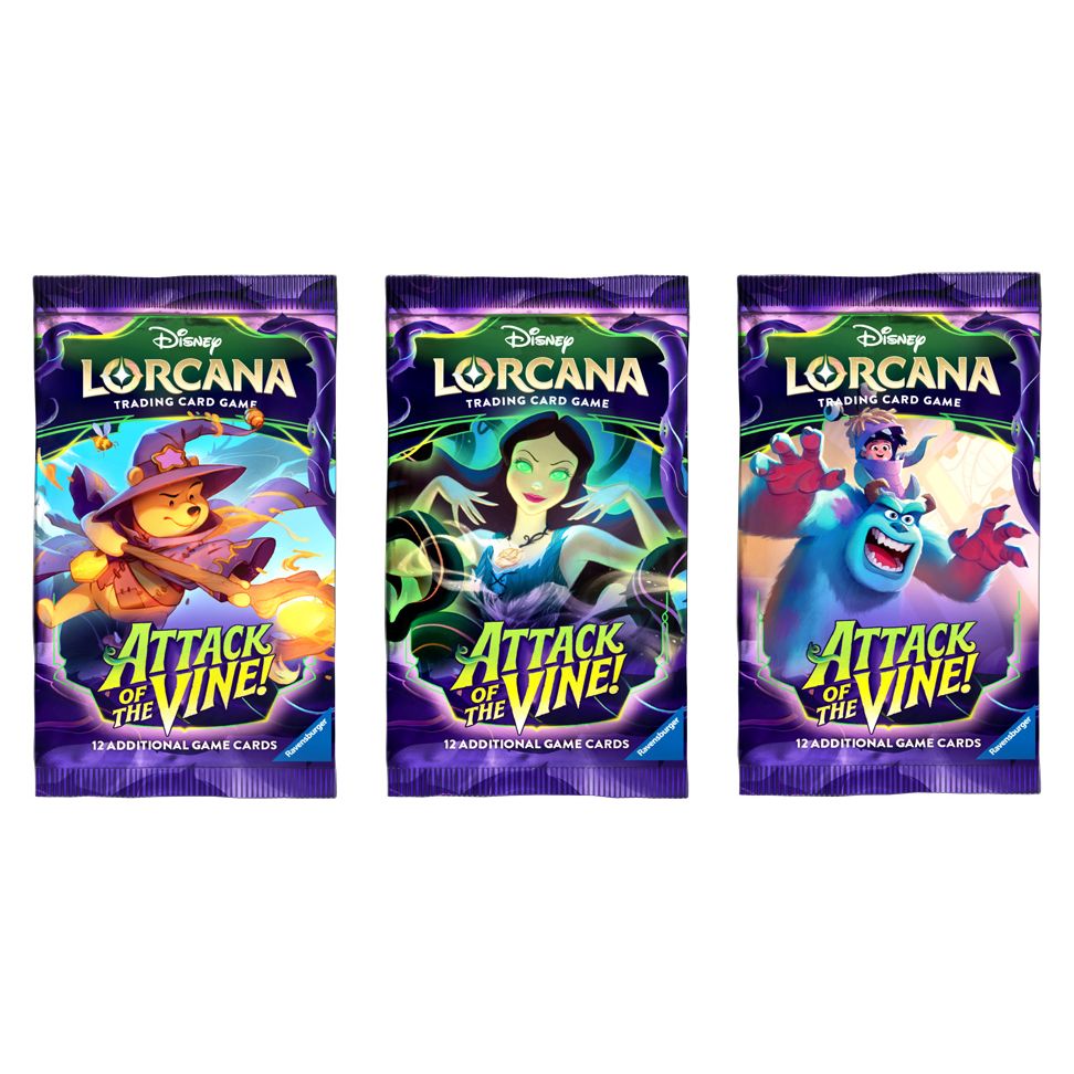 Three Ravensburger Disney Lorcana: Attack of the Vine Booster Packs, each with vibrant purple art featuring Winnie the Pooh, Maleficent, and Sulley—a colorful boost for your Disney Lorcana set 13 collection.