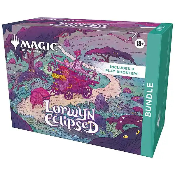 A Magic: The Gathering - Lorwyn Eclipsed Bundle storage box featuring a fantasy illustration of a cart pulled by a creature on a winding path, labeled Lorwyn Eclipsed and Includes 9 Play Boosters.