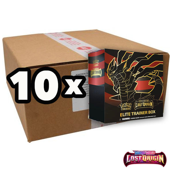 A cardboard shipping box is next to a Pokémon TCG: Lost Origin Elite Trainer Box Case from The Pokémon Company, with a 10x overlay for ten units. The Lost Origin logo and booster pakker appear at the bottom right.