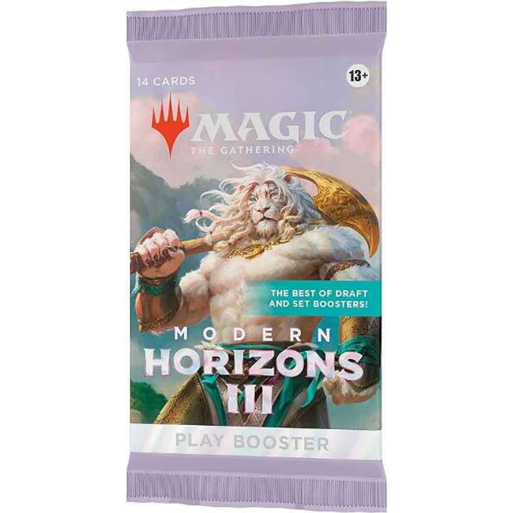 A Magic: The Gathering - Modern Horizons 3 Play Booster Display box, featuring an illustration of a lion-headed warrior wielding a staff in front of a waterfall.