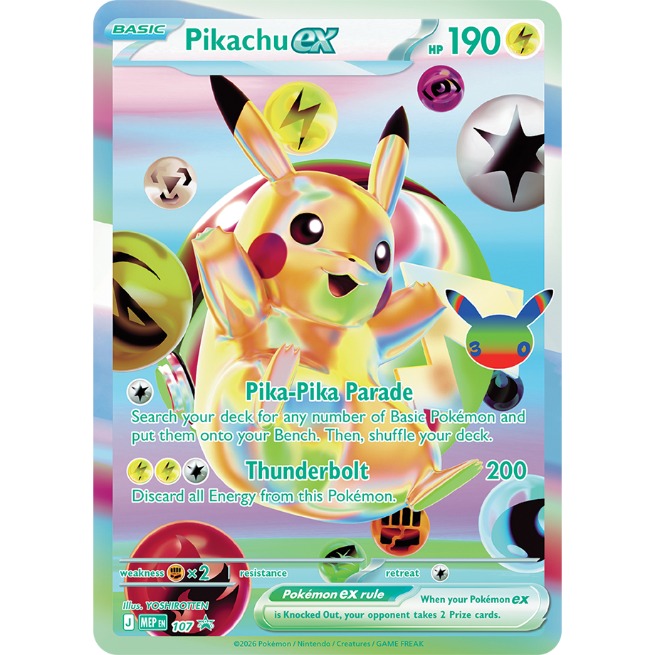 Add some product data as requested. Here’s a rewritten version of the sentence using your details: Showcasing Pikachu surrounded by vibrant Poké Balls, this shiny Pokémon card features lively, colorful effects and displays Pikachu’s moves—Pika-Pika Parade and Thunderbolt—with a listed HP of 190. Part of The Pokémon Company’s Pokémon TCG: 30th Celebration Ultra-Premium Collections - Day & Night, it makes an exceptional addition for collectors and fans looking to enhance their booster packs or playing decks.