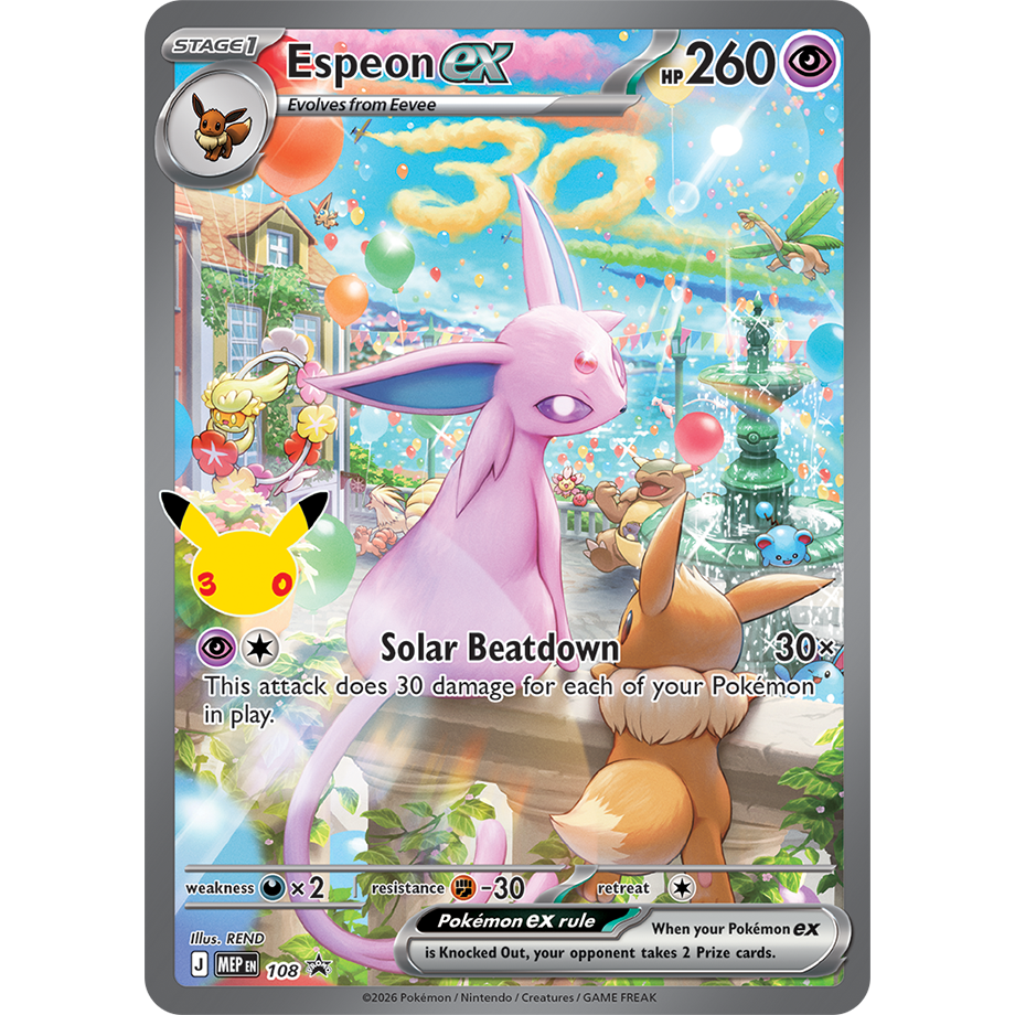 Celebrate the Pokémon TCG: 30th Celebration with this vibrant Espeon ex card from the Ultra-Premium Collections - Day & Night by The Pokémon Company. Showcasing an elegant purple psychic-type Espeon ex and an Eevee in a lively garden, this collectable card boasts 260 HP, powerful attacks, and features festive decorations like balloons and confetti. Ideal for collectors seeking to enhance their Ultra-Premium Collection or discover exclusive finds in special booster packs.