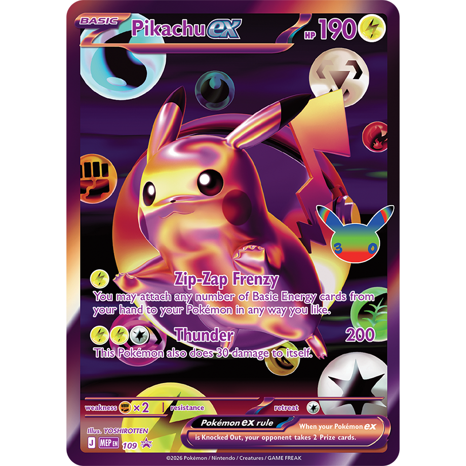 Celebrate the Pokémon TCG’s 30th Anniversary with this vibrant Pokémon card from the Pokémon TCG: 30th Celebration Ultra-Premium Collections – Day & Night by The Pokémon Company. Featuring Pikachu ex with an impressive 190 HP, Pikachu strikes a dynamic pose amid sparkling effects. With its signature moves, Zip-Zap Frenzy and Thunder, and a striking holographic background, this card is a must-have centerpiece for fans of both booster packs and collector displays.