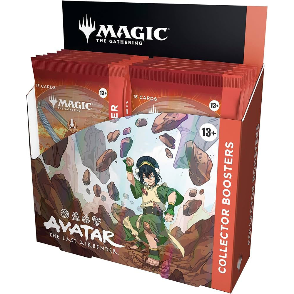 A Magic: The Gathering - Avatar The Last Airbender Collector Booster Display box featuring an illustration of Toph Beifong surrounded by levitating rocks.