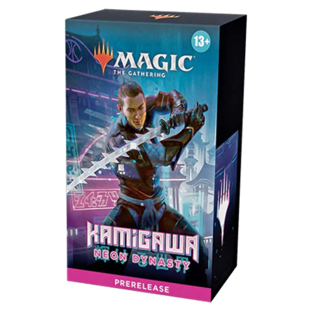 Magic the Gathering: Kamigawa Neon Dynasty Prerelease by Wizards of the Coast features vibrant futuristic artwork and includes Draft Boosters. Age 13+ label displayed.