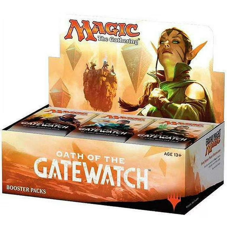 The Magic the Gathering: Oath of The Gatewatch Booster Display by Wizards of the Coast features fantasy art with an elf and floating islands, plus bold text on its packaging.