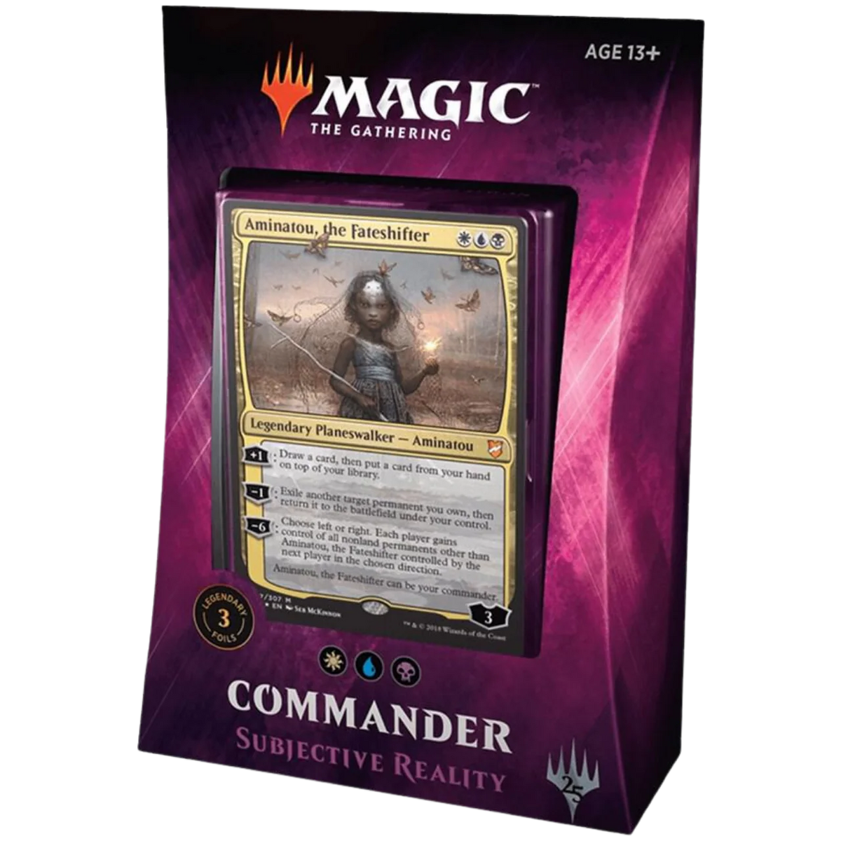 The image shows a sealed Magic the Gathering: Commander 2018 - Commander Deck Bundle by Wizards of the Coast, featuring Aminatou, the Fateshifter on the front of a purple box with a 13+ age rating.
