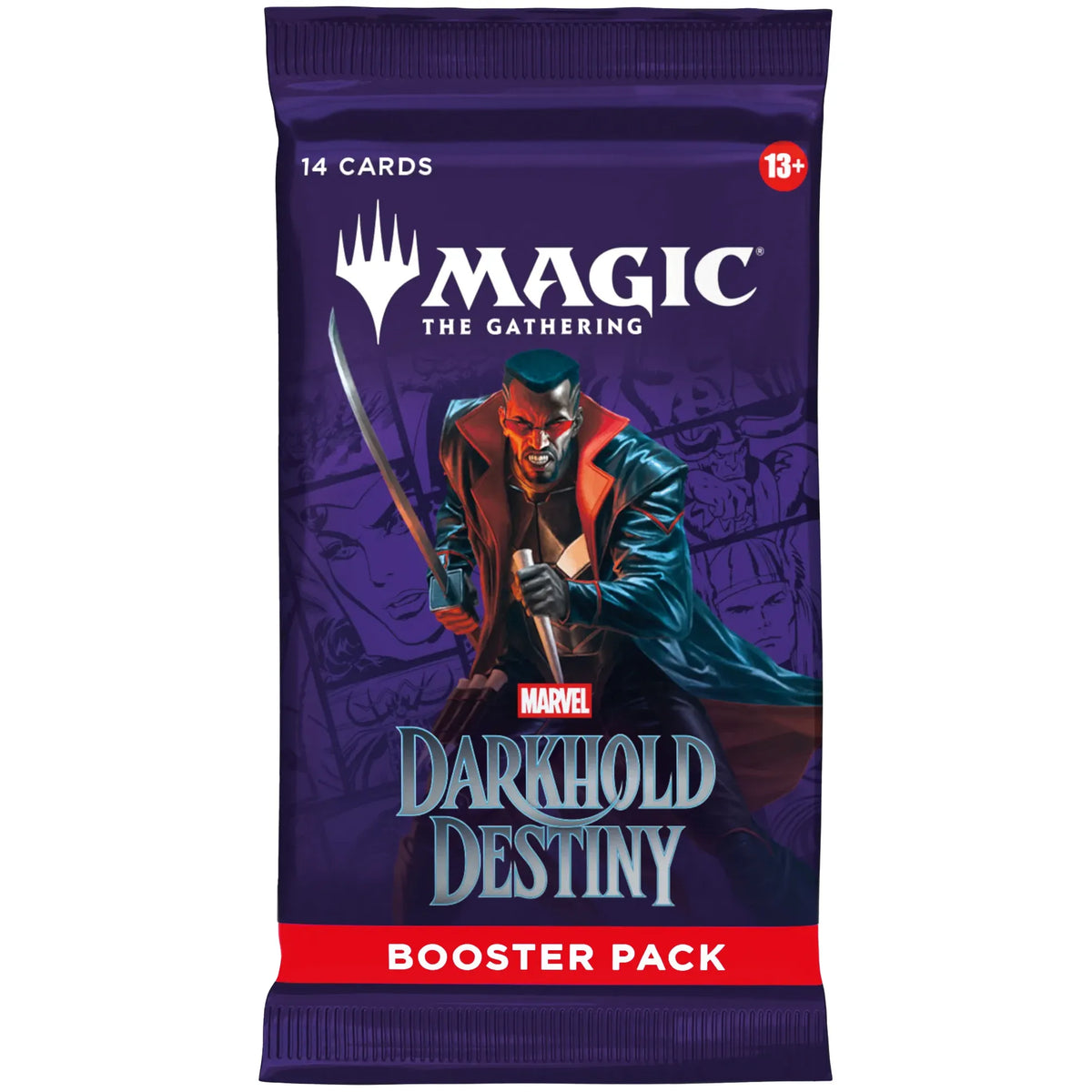 Magic: The Gathering - Marvel Darkhold Destiny booster pack featuring Blade holding a sword and a stake, with the Marvel Darkhold Destiny logo.