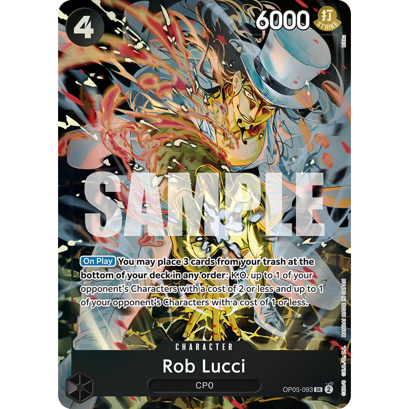 Rob Lucci character card from the One Piece Card Game: Illustration Box EX (North America Exclusive), featuring the character in a top hat surrounded by stylized fire effects and game text overlay.
