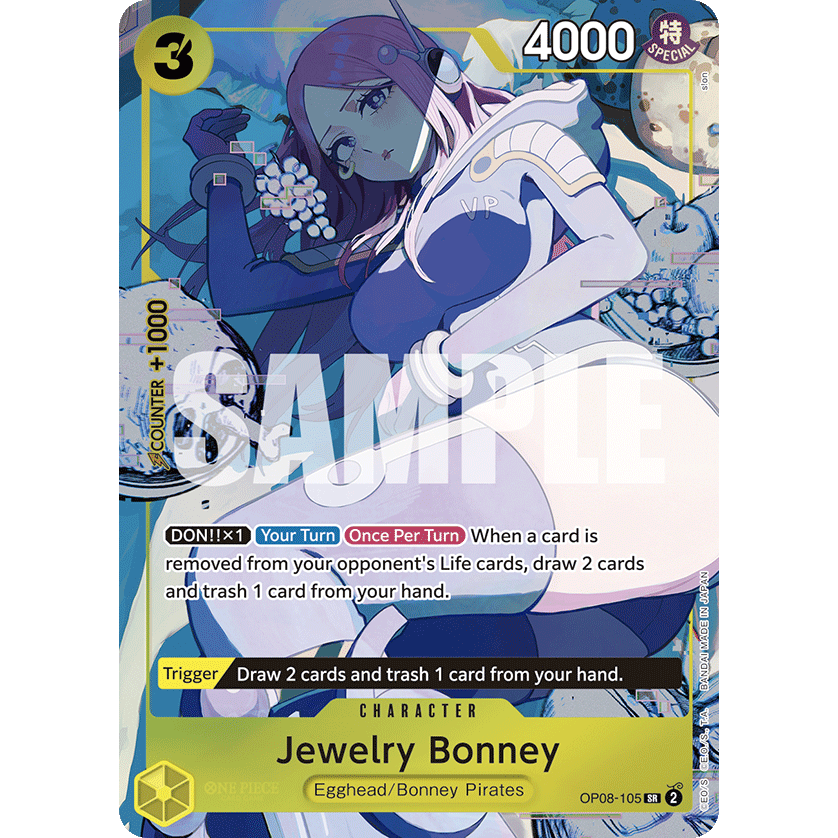 A Bandai One Piece Card Game: Illustration Box EX (North America Exclusive) featuring four booster packs and two promo cards of Rob Lucci and Jewelry Bonney.