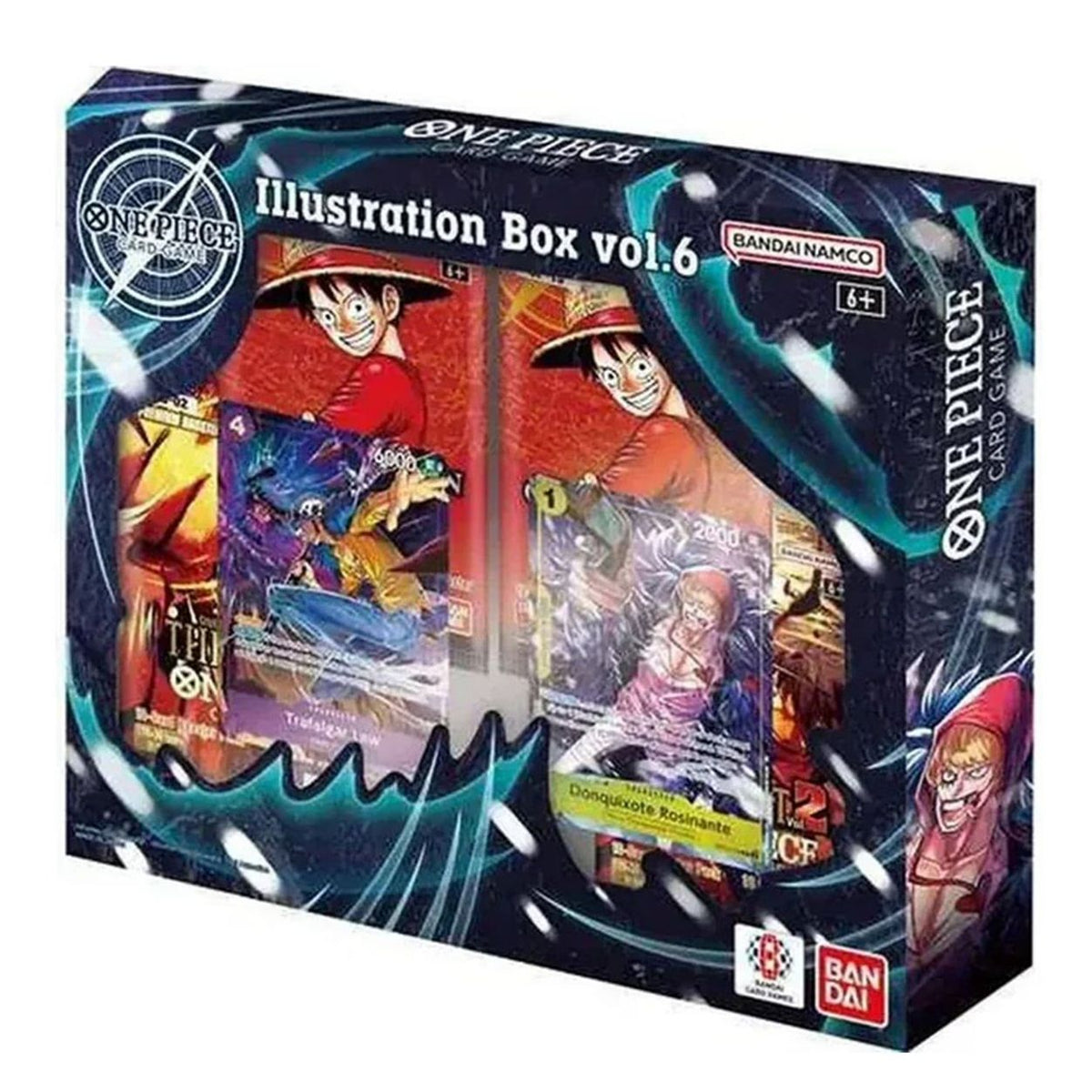 The One Piece Card Game: Illustration Box Vol. 6 by Bandai features colorful artwork of Luffy and Doflamingo on the packaging, with One Piece logos, cards, and booster packs displayed inside the box.