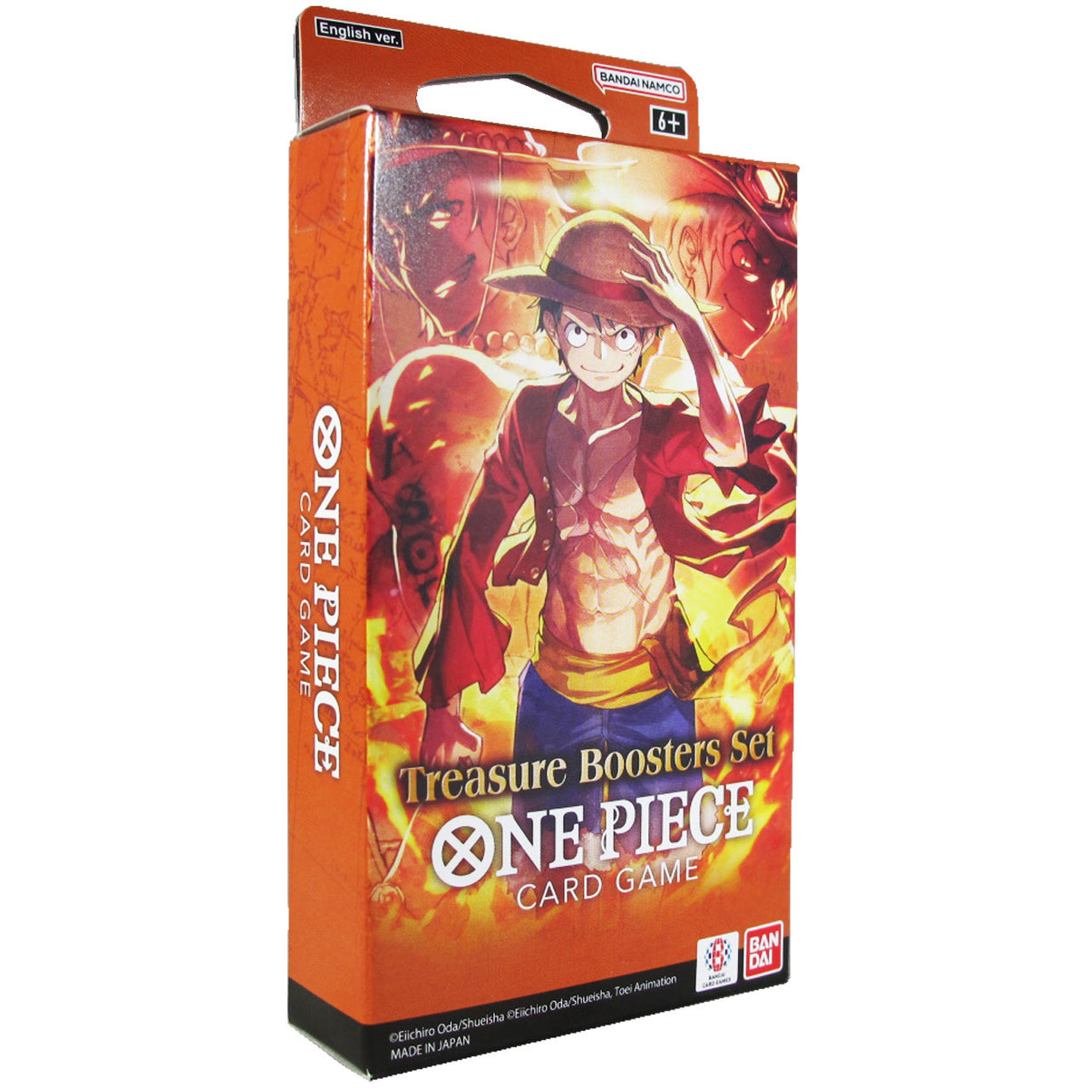 A vibrant orange, red, and yellow Bandai One Piece Card Game Treasure Pack Booster Set box features the main character in a red vest and hat and includes exclusive booster packs.