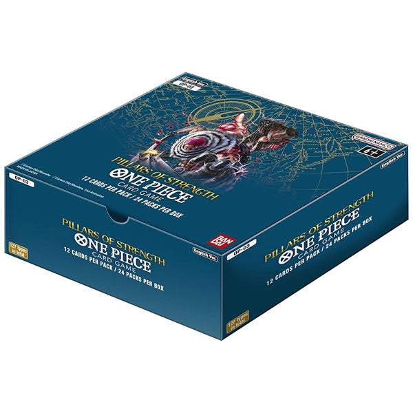 A blue One Piece Card Game: OP03: Pillars of Strength Booster Box containing 24 packs, with illustrations of anime characters on the box and individual pack wrappers.