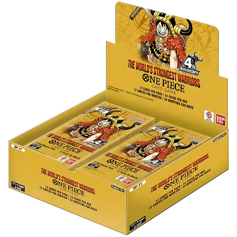 One Piece Card Game: OP17: The World’s Strongest Warriors Booster Box, containing 24 packs and featuring illustrations of Luffy on the packaging.