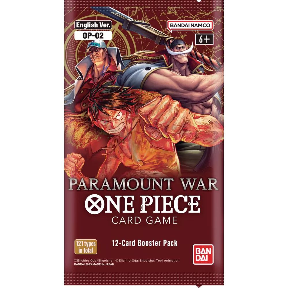 Introducing the Bandai One Piece Card Game: Paramount War Booster Pack (OP02), showcasing vibrant artwork of Luffy, Whitebeard, and Akainu. Each booster pack includes 12 cards and is suitable for ages 6 and up.