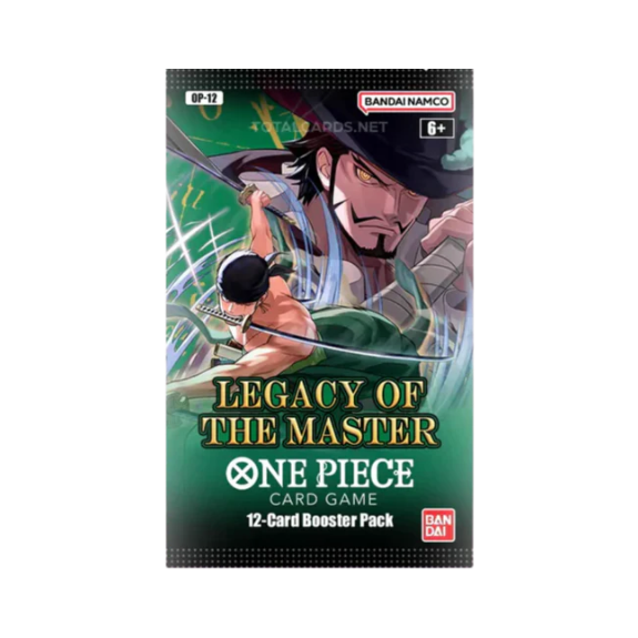 Bandai One Piece Card Game: OP12: Legacy of the Master Booster Pack containing 12 cards, featuring Roronoa Zoro and Dracule Mihawk.