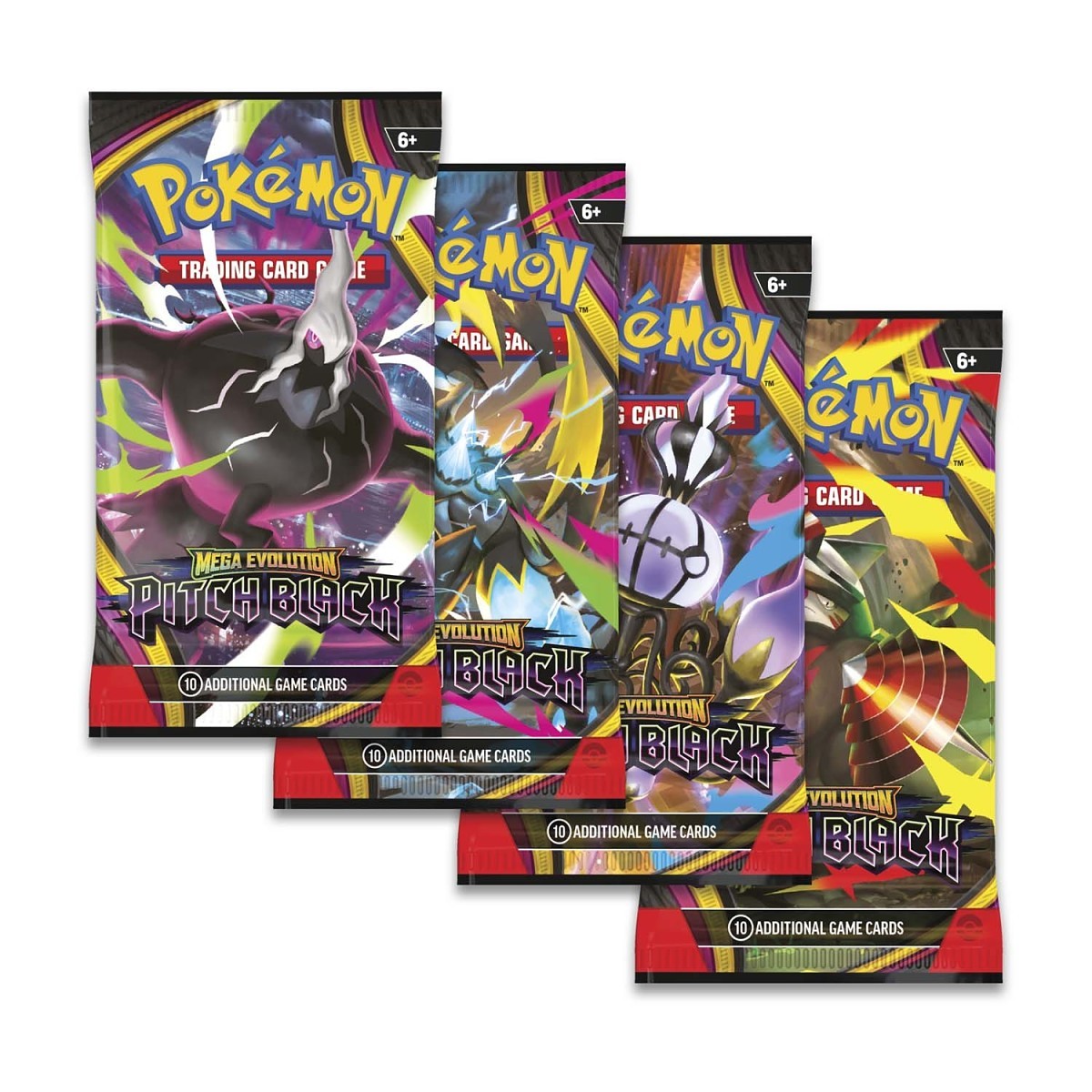 Four Pokémon TCG: Pitch Black Booster Packs by The Pokémon Company are arranged in a fan, each featuring unique Pokémon art and the text "10 additional game cards.