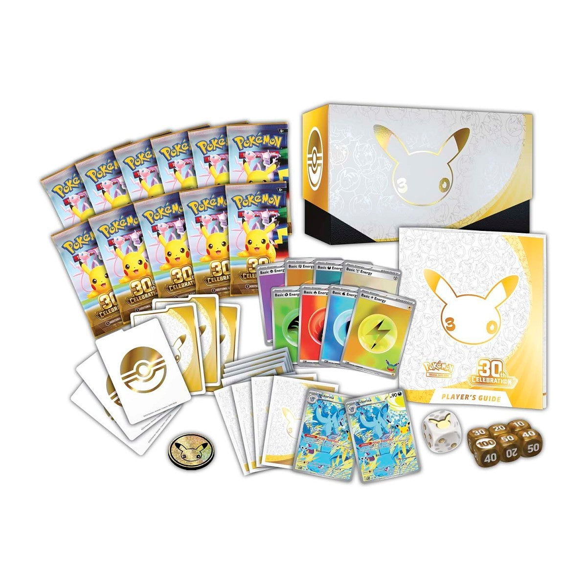 The Pokémon TCG: 30th Celebration Pokémon Center Elite Trainer Box by The Pokémon Company features a white and gold design with a Pikachu face outline displaying the number 30 on its cheek, adorned with Pokémon graphics, the official logo, and a small parts warning.