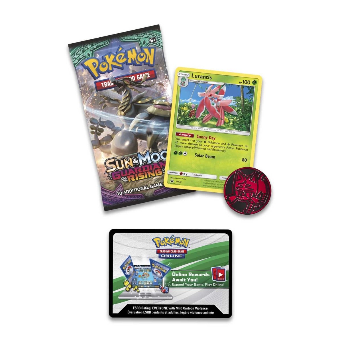 The Pokémon TCG: Sun & Moon Guardians Rising 1-Pack Blister by The Pokémon Company includes a trading card pack with Guardians Rising artwork, a Lurantis promo card, a red collectible coin, and an online game code card, all displayed on a white background.