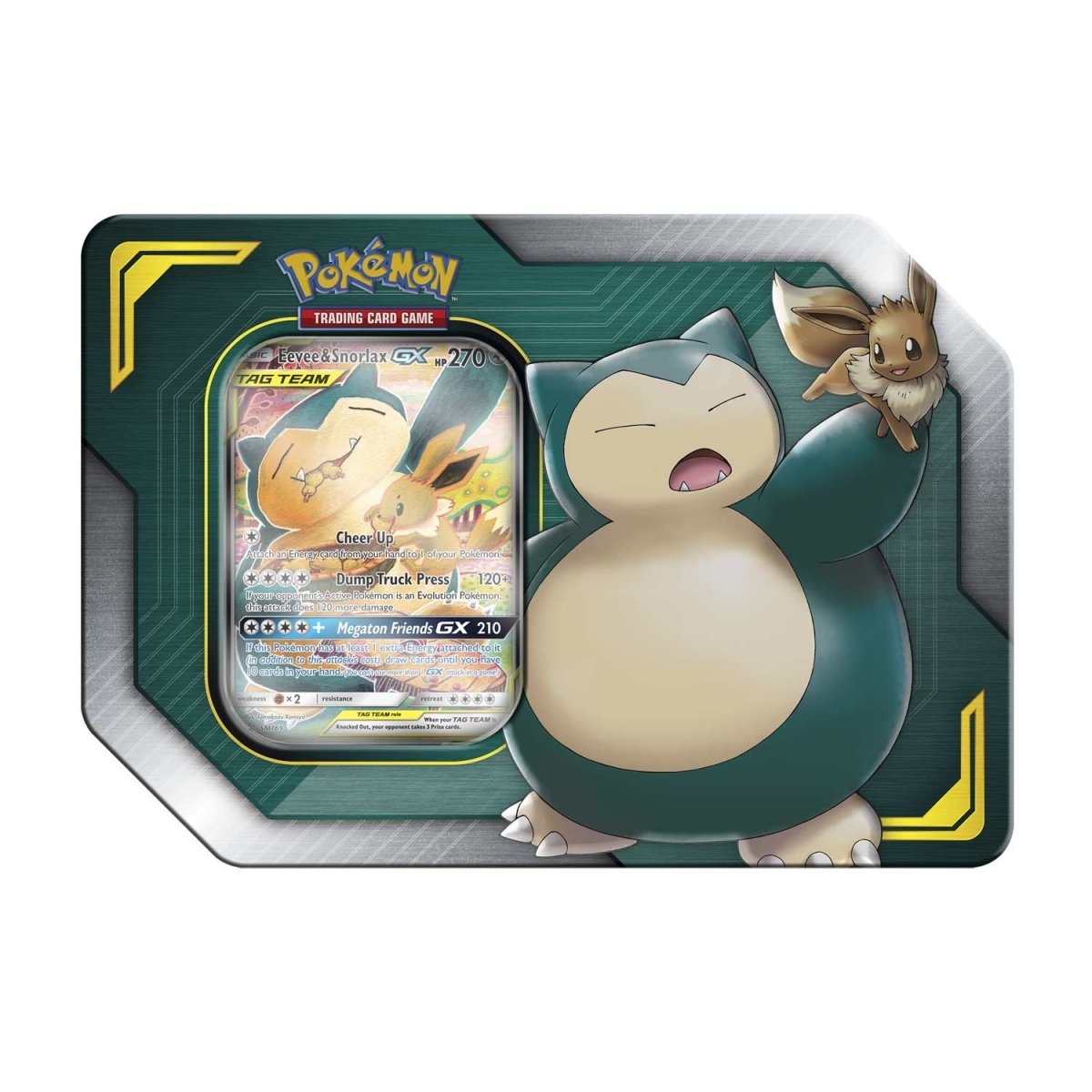 The Pokémon TCG: 2019 Tag Team Tin by The Pokémon Company features a Snorlax and Eevee illustration and includes a collectible card displayed inside the packaging.